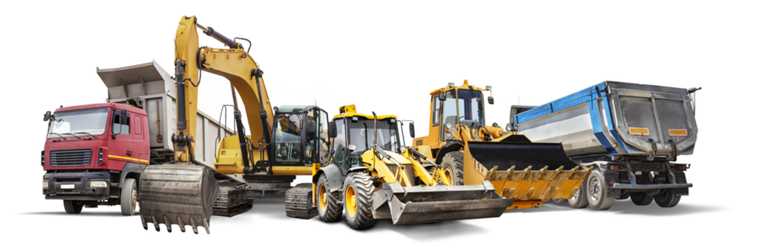 Collection of construction machinery isolated for rental, showcasing a diverse range of equipment suitable for various building tasks and terrains.