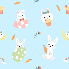 Seamless pattern of Easter bunnies, eggs, and flowers. Vector graphics.