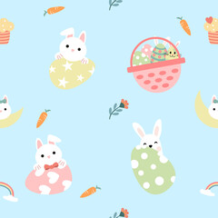 Seamless pattern of Easter bunnies, eggs, and flowers. Vector graphics.