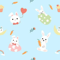 Seamless pattern of Easter bunnies, eggs, and flowers. Vector graphics.