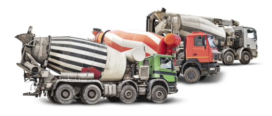 Colorful cement mixer trucks stand isolated, highlighting their unique designs and ready for construction projects. Concrete delivery to the construction site.