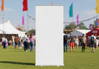 Blank roller banner stands prominently on green grass at an outdoor festival with tents and colorful flags in a lively atmosphere.