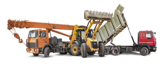 Boldly colored construction machinery showcases versatility and power, ready for rental opportunities to assist in various construction tasks at any site location. Crane, dump truck and loader.