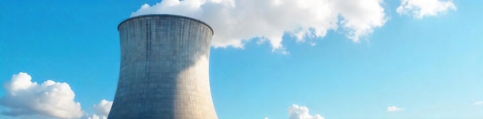 Imposing Industrial Cooling Tower Against Azure Sky, Steam Rising; Power Generation, Manufacturing, Environmental Theme