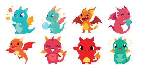 Vector art of eight cute baby dragons in various poses and expressions, isolated on white background