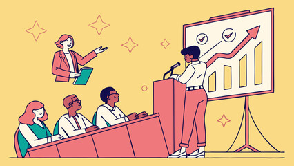 Dynamic Business Presentation Illustrating Growth and Team Success. Speaker Addressing Audience with Data Charts.