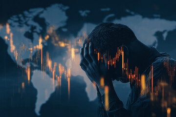 A man clutches his head in distress as stock charts plunge behind him, symbolizing financial loss in a digital global network