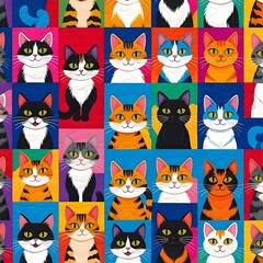 Obraz premium A colorful quilt featuring stylized, illustrated cats, each in a unique pose against vibrant backgrounds