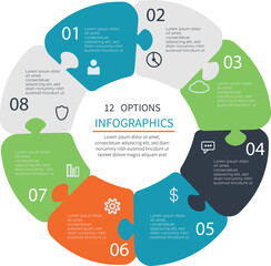 Round puzzle-style infographic with 8 colorful connected segments, each numbered and paired with an icon. The segments form a circular loop and contain placeholder text for steps or stages.
