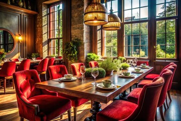 Elegant dining: red chairs, wooden tables, fine cuisine, photographed beautifully.