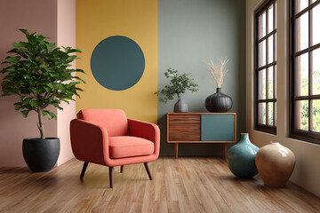 Coral armchair green teal yellow walls modern interior design living room