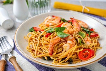 Stir Fried Spicy Spaghetti with shrimps in a white plate	