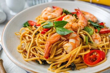 Stir Fried Spicy Spaghetti with shrimps in a white plate 