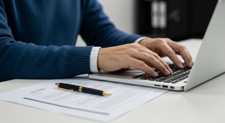 Person typing on laptop at desk with document and pen office setup