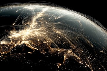 Connections illuminate the globe showcasing digital networks over Europe at night