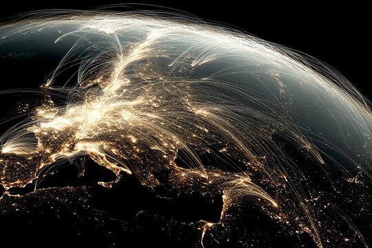 Connections illuminate the globe showcasing digital networks over Europe at night