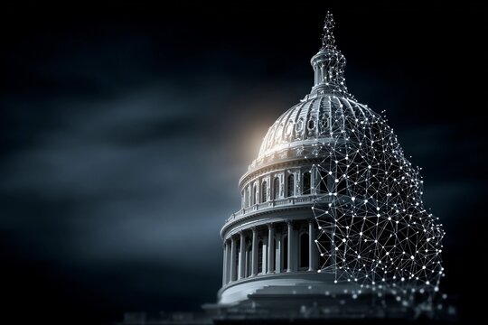 Dome of a government building illuminated at night with a digital structure overlay