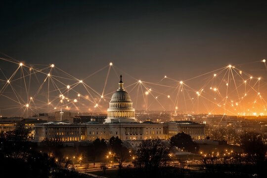 Nighttime view of Capitol building illuminated with digital connections above Washington D.C
