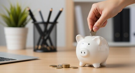 Piggy bank receiving coin saving financial investment