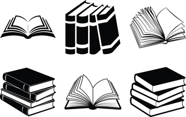 Book SVG Silhouette Bundle, Book stack Vector Art black and white Background. Open Book illustration.