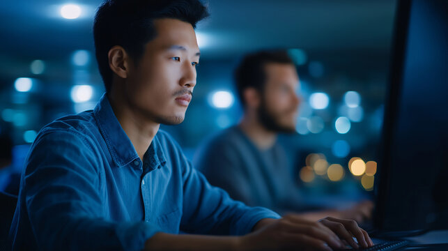 Innovative Asian Software Engineers Collaborating on AI Development