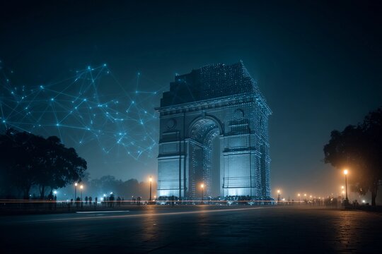 City landmark illuminated at night with digital network overlay in urban setting