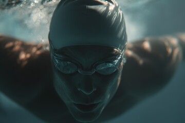 Swimmer diving into the water with powerful strokes during a training session in a competitive swimming pool
