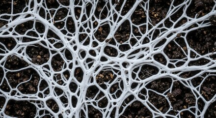 Intricate White Fungal Hyphae Network Intertwined Within Dark Soil Texture Background