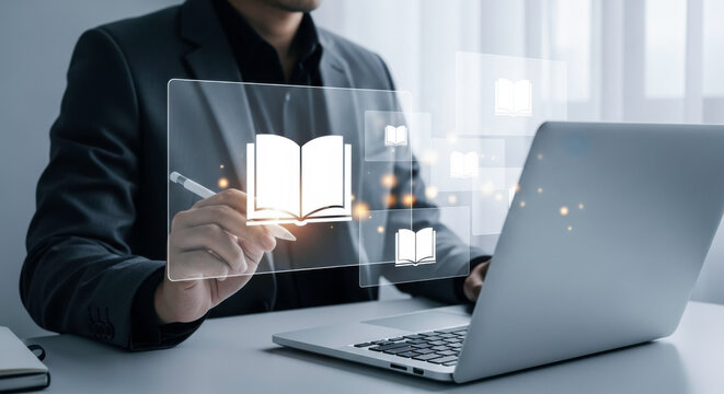 Exploring digital library resources online learning with laptop for education and e learning concept