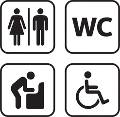 WC signs set. Man, woman, mother with baby and handicapped silhouettes isolated on white background. Male and female toilet door icons. Lady and gentleman restroom symbol. Cast logo concepts. Vector