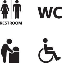 WC signs set. Man, woman, mother with baby and handicapped silhouettes isolated on white background. Male and female toilet door icons. Lady and gentleman restroom symbol. Cast logo concepts. Vector