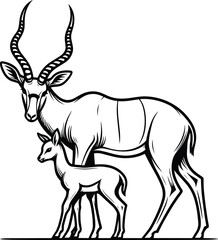 Antelope Doe and Fawn Line Drawing vector illustration isolated on a white background