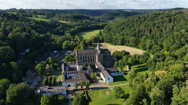 Altenberg Cathedral, aerial drone video. The Altenberger Dom or Bergischer Dom is the former abbey church of Altenberg Abbey