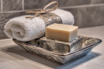 Soothing bath accessories arranged neatly with soft towel and natural soap on decorative dish in a tranquil setting