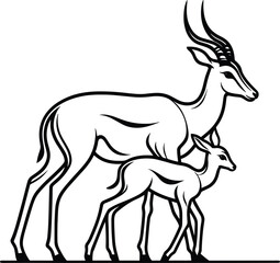 Antelope Doe and Fawn Line Drawing vector illustration isolated on a white background