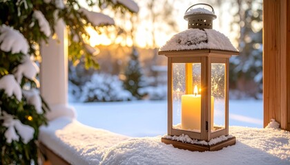 Warm Lantern Illuminates Snowy Winter Scene at Sunrise
