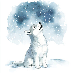 Watercolor Puppy Gazing Up at Winters Snowfall