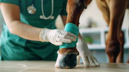 Veterinarian carefully bandaging a horse's leg in a clinic.