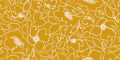 Fototapeta premium Hand drawn abstract floral lines pattern. Seamless flowers background. Modern drawings for textile design, fabric printing, packaging, wallpaper, decoration, cards and posters.
