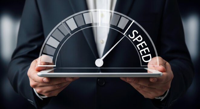 Speedometer performance tablet business internet technology connection fast speed online digital data network - Powered by Adobe