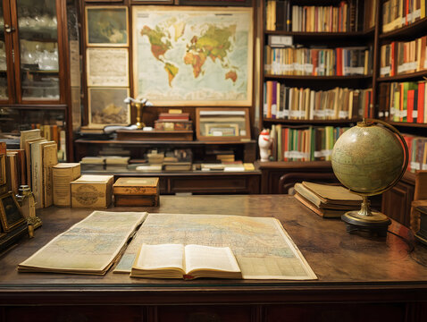 Vintage Library Study Desk with Books, Map, and Globe: Warm Educational Interior for Literature and Culture Enthusiasts