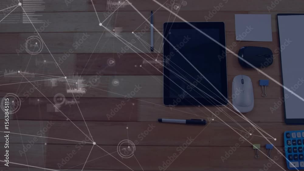 Poster faint lines starting network map over desk connecting hud circles to office tools showing data flow