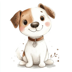 Watercolor Puppy with Brown Collar and Clover Tag Sitting and Smiling