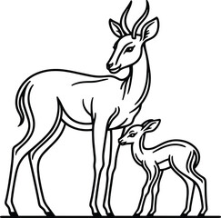 Obraz premium Antelope Doe and Fawn Line Drawing vector illustration isolated on a white background
