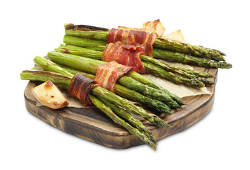 Tasty cooked asparagus, bacon and potatoes isolated on white
