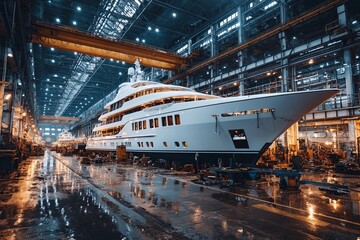 Fototapeta premium Large yacht in spacious shipyard under bright industrial lights during late afternoon