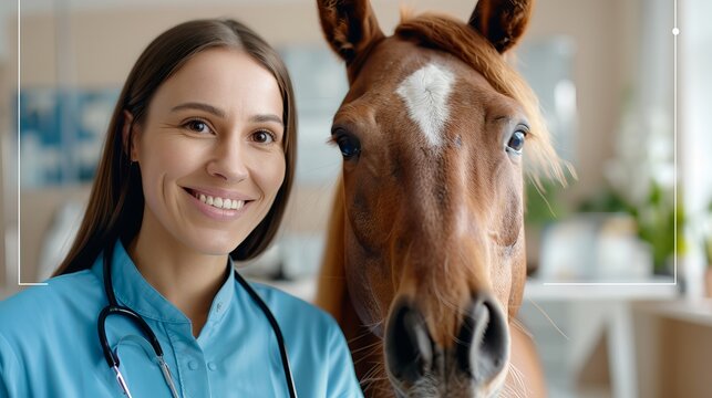 Female veterinarian smiling beside a horse, showcasing a warm and caring connection in a well-lit animal clinic.