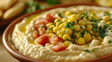 Delicious hummus topped with chickpeas, tomatoes, and parsley.  A close-up shot showcasing the creamy texture and vibrant colors. Perfect for food blogs, recipe sites, and restaurants.