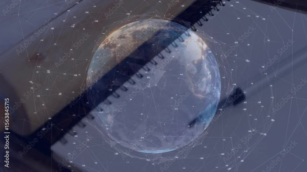 Poster network lines rising over notebook causing holographic globe spinning into nodes linking data