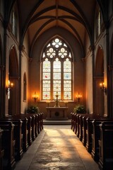 Fototapeta premium Serene Church Interior Soft Candlelight Illuminates Ancient Stone and Stained Glass, Creating a Peaceful Atmosphere Ideal for Meditation and Spiritual Reflection.